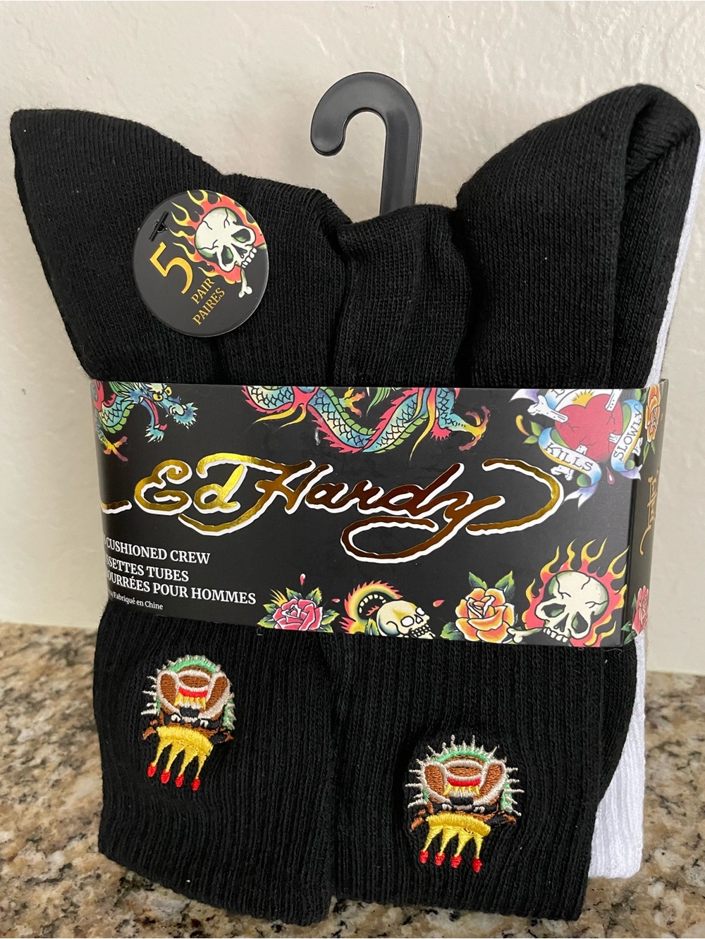 Ed Hardy Black Crew Socks with Multicolor Embroidered Tattoo Motif